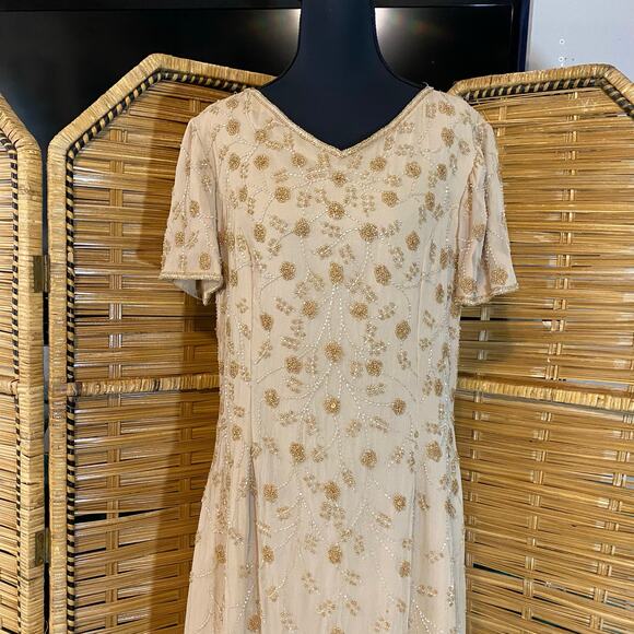 Adrianna Papell 100% Silk Beaded Gown Champagne Gold modest 14 formal cocktail - Picture 5 of 9